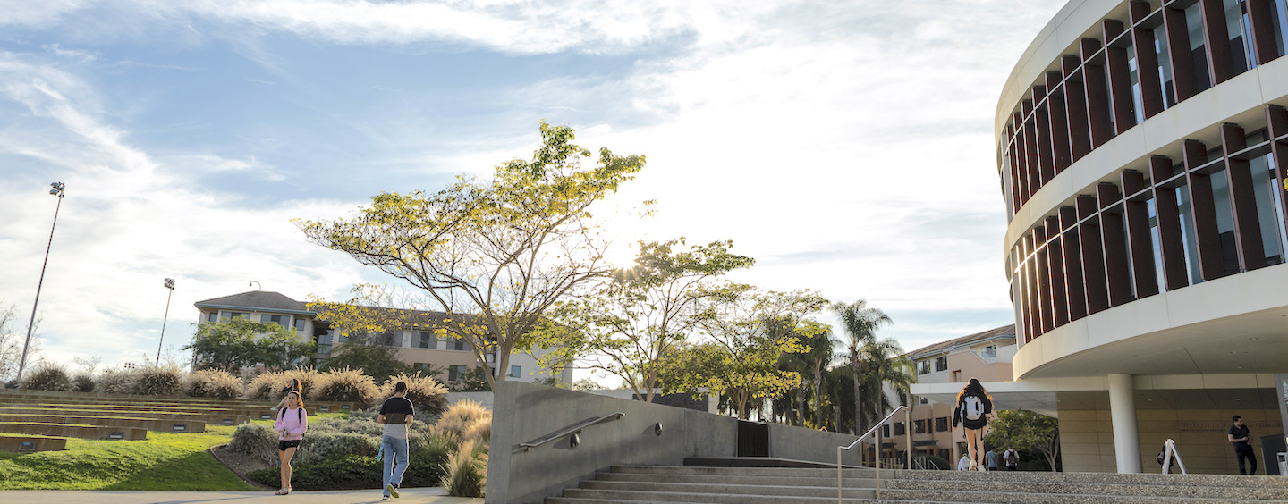 Students walking near library.